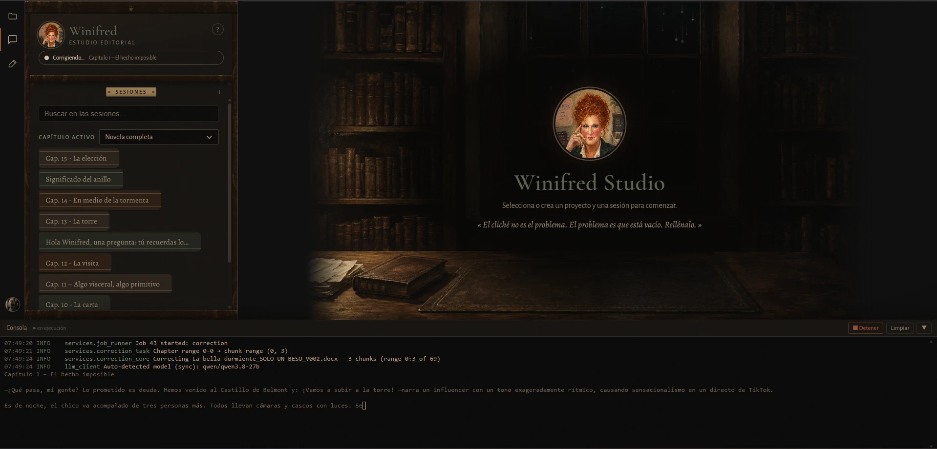 Winifred Studio: chapter sessions, Winifred's portrait and the live correction console
